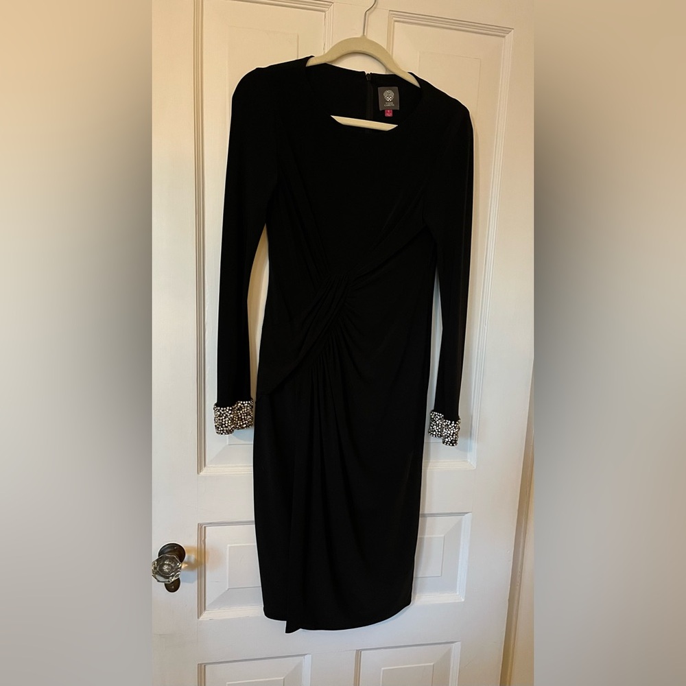 Vince Camuto black beaded long-sleeved cocktail dress